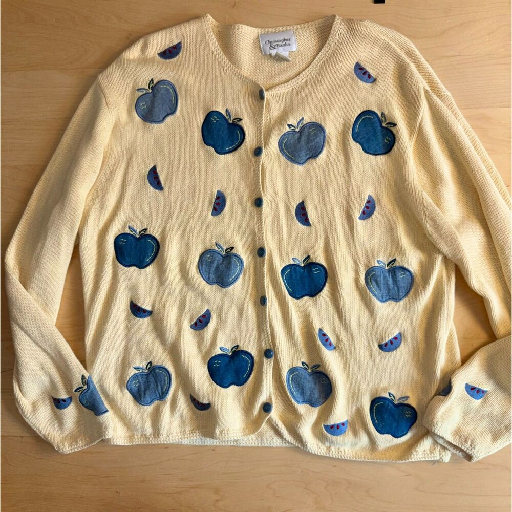 VTG 90s Apple Cardigan Butter Yellow Cottagecore Grandmacore Teacher XL